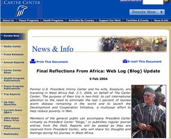 Screen from blog, including Jimmy Carter in Africa