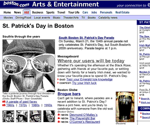 The Boston.com St. Pat's Day page, with pint in bottom right