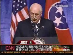 CNN shot of Cheney with caption about hecklers