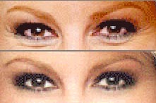 Faith's eyes, before and after retouching